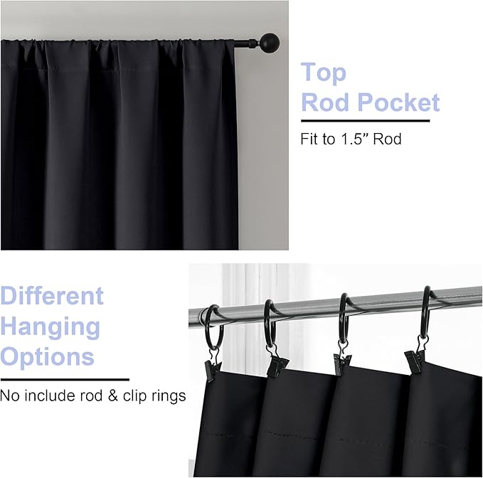 Simplebrand Black Blackout Curtains for Bedroom 102 Inches Long 2 Panels, Solid Thermal Insulated, Energy Saving Living Room Window Treatment Curtains Blackout Drapes, W50 x L102 Inch, Black