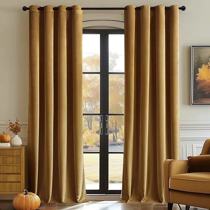 MIULEE 90 Inches Velvet Curtains Gold Elegant Grommet Curtains Fall Thermal Insulated Soundproof Room Darkening Curtains/Drapes for Classical Living Room Bedroom Decor 52 x 90 Inch Set of 2