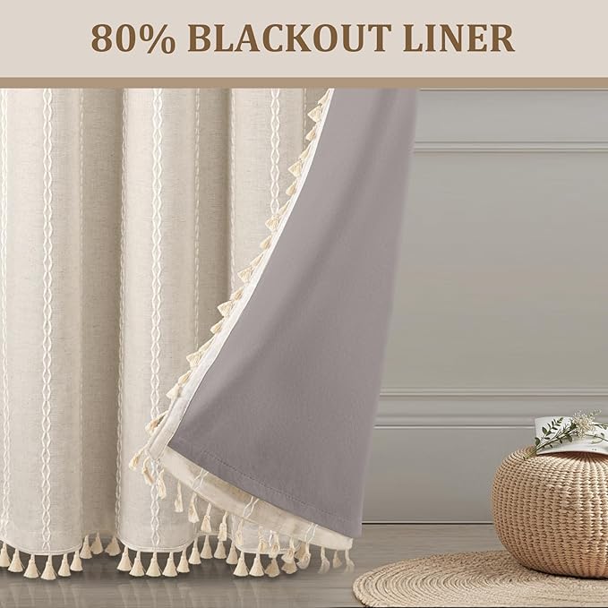 Boho 80% Blackout Curtains with Gray Liner 72 Inches Long 2 Panels Set, Beige Linen Blend Drapes with Tassels and Cotton Embroidered for Living Room Bedroom