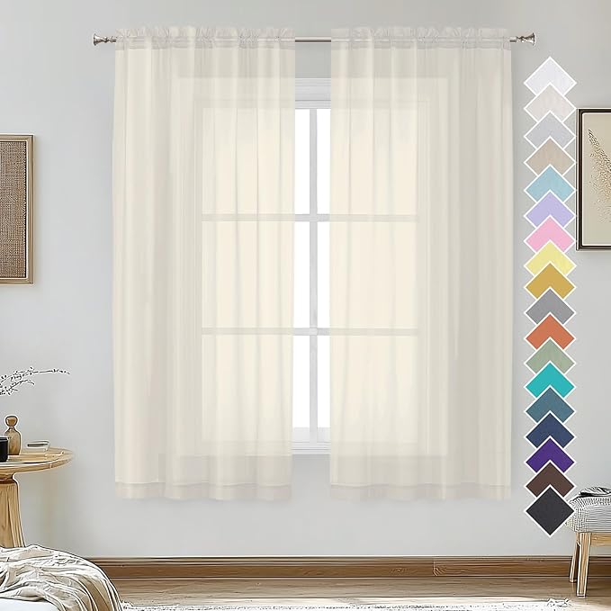 OVZME Cream Sheer Curtains 63 Inches Long 2 Panels - Soft Light Filtering Window Sheer Panels for Living Room/Bedroom, Top Dual Rod Pocket, 1 Pair, Each 42Wx63L Inches