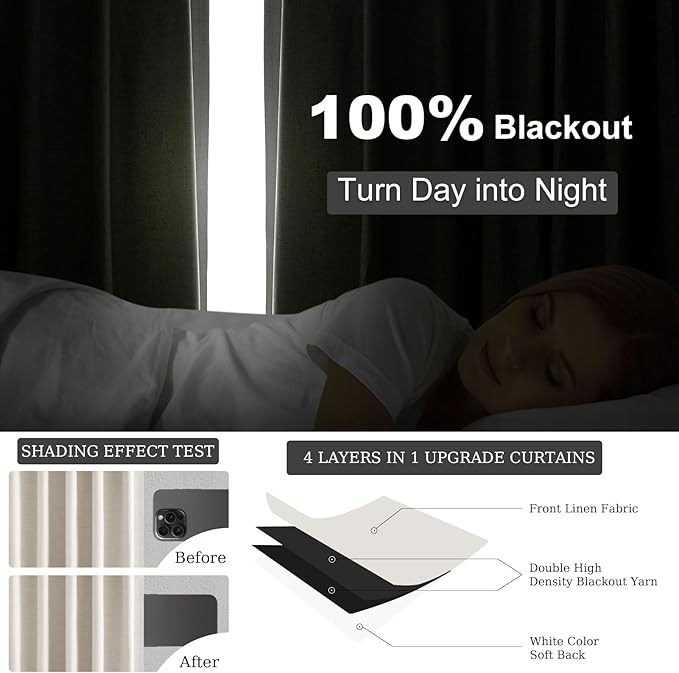 Topfinel 102 Inches Long Custom Blackout Linen Curtains, Soundproofing Pinch Pleated Noise Cancelling Curtains with Pin Hooks for Traverse Rods, Burlap Viral Drapes 2 Panels for Living Room Bedroom