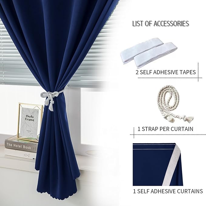 Self Adhesive Portable Blackout Curtains for Bedroom Easy to Install Window Thermal Lnsulated Kitchen Room Darkening Small Window Curtains, 59" W X 71" L, Navy Blue, 1 Panel