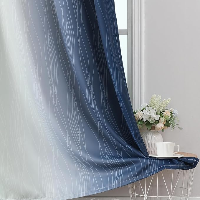 Estelar Textiler Sage Green and Navy Blue Ombre Blackout Curtains 45 Inch Length, Full Room Darkening Gradient Drapes for Kitchen, Thermal Insulated Grommet Curtains for Short Window, 52Wx45L,2 Panels