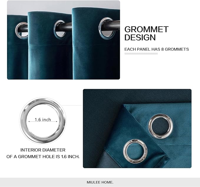 MIULEE Blue Velvet Curtains 63 Inches Length Blackout Curtains Thermal Insulated Soundproof Room Darkening Grommet Curtains/Drapes for Living Room Bedroom 52 x 63 Inch 2 Pcs Peacock Blue