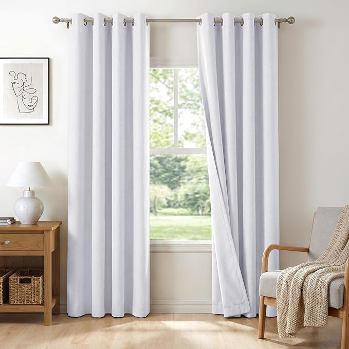100% Blackout Shield Linen Blackout Curtains for Bedroom, Bright White Grommet Curtains for Living Room, Thermal Insulated Room Darkening Drapes for Nursery, Boho Home Decor, 50" W x 63" L, 2 Panels