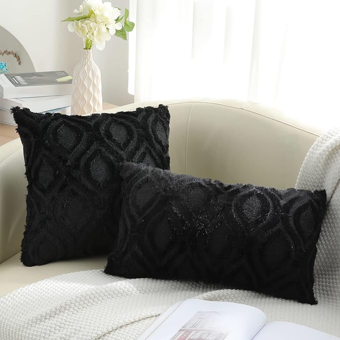 decorUhome Throw Pillow Covers 12x20 Inch Set of 2, Soft Plush Faux Wool Black Solid Couch Pillow Covers, Accent Farmhouse Neutral Rectangle Pillow Cases for Sofa Bed Living Room