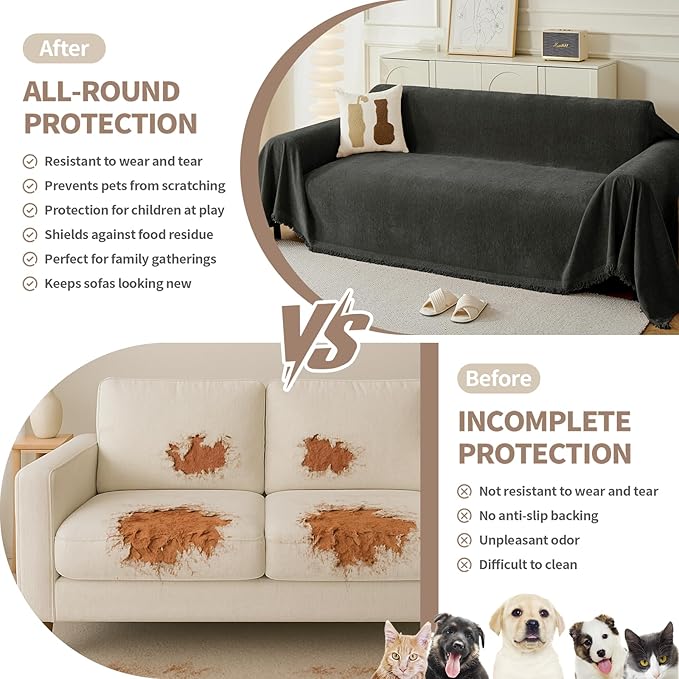 Couch Cover for Dogs, Boho Sofa Covers for 3 Cushion Couch, Chenille Sofa Slipcover for Pets Washable, L-Shape Sectional Couch Cover Soft Throw Blankets with Tassels(91x150,Charcoal Grey)