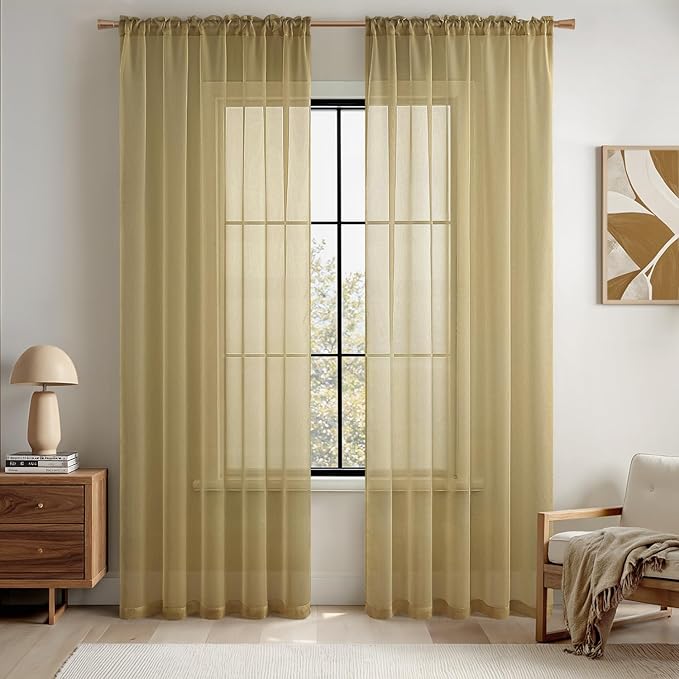 MIULEE 2 Panels Solid Color Sheer Window Curtains Elegant Window Voile Panels/Drapes/Treatment for Bedroom Living Room (54X63 Inches Dark Gold)
