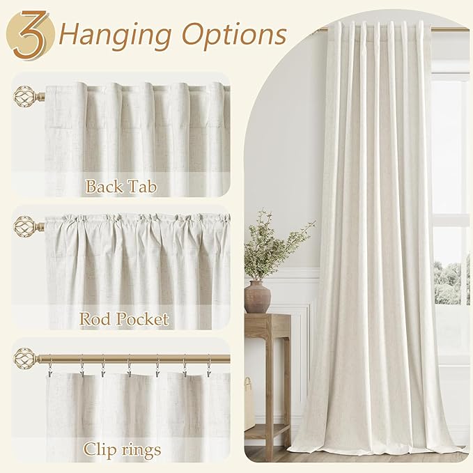 Guken 100% Blackout Cream Linen Curtains 52 Inch Wide by 140 Inch 2 Panels Set for Living Room Bedroom Back Tab Thermal Insulated Black Out Linen Drapes Room Darkening Window Curtains