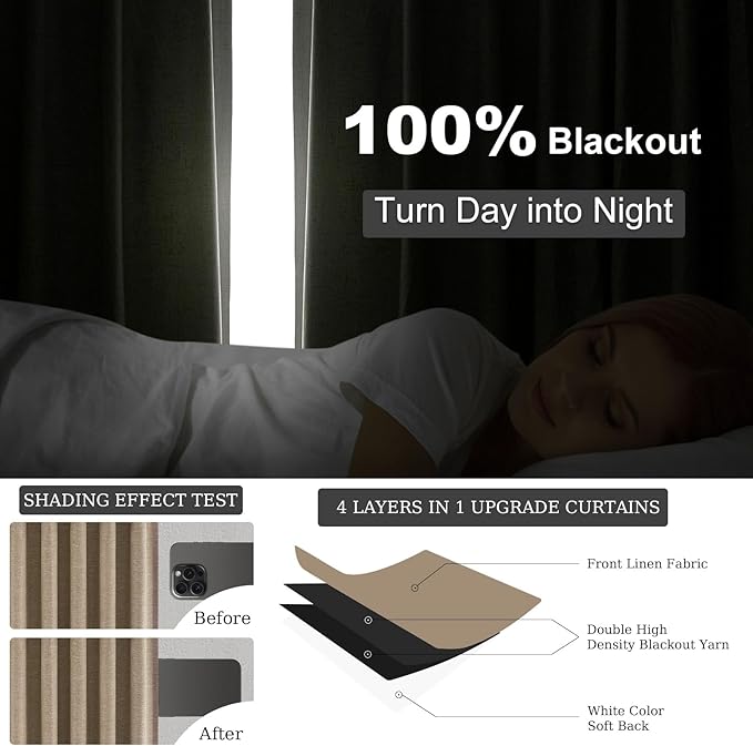 Topfinel Greige 90 Inches Long Blackout Natural Linen Curtains for Bedroom, Chocolate Brown Pinch Pleat Sound Blocking Curtains, Neutral Farmhouse Lined Drapes 2 Panels for Living Room Sliding Door