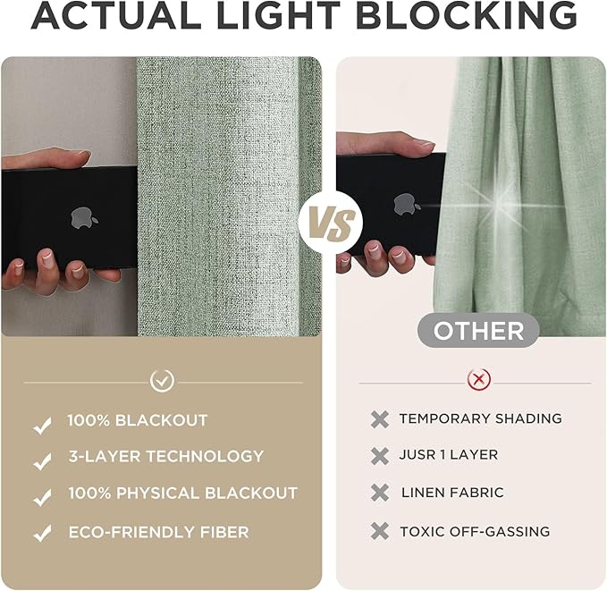 Joydeco Blackout Curtains for Bedroom - 100% Light Blocking 2 Panels Sage Green Drapes 37" W x 72" L, Thermal Insulated Room Darkening Curtains, Linen Textured for Living Room, Rod Pocket & Back Tabs