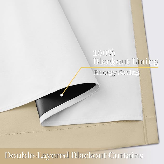 Yakamok 100% Blackout Curtain Panels 72 inches Cold and Light Blocking Drapes for Nursery, 2 Thick Layers Thermal Insulated Draperies (2 Pieces, 50 Wide Each Panel, Beige Front with White Backing)