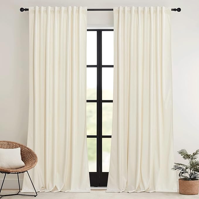 RYB HOME Ivory White Velvet Curtains 72 inches with Hook Belt, Soft Fabric Room Darkening Thermal Insulated Luxurious Home Decor Curtains for Living Room Bedroom, W 52" x L 72", 2 Panels Set
