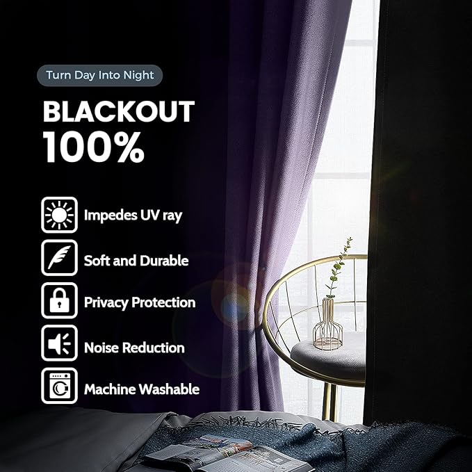 SimpleHome 100% Blackout Curtains for Bedroom,Thermal Insulated Lilac Grommet Window Drapes Room Darkening Curtains for Living Room with Black Back,38 x 84 Inch,2 Panels