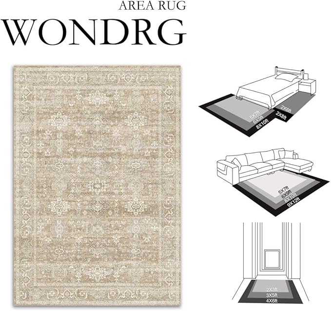 9x12 Washable Area Rug for Living Room Bedroom Vintage Beige Non Slip Carpet Traditional Retro Soft Low Pile Large Throw Rug for Dining Room Kitchen Office Indoor