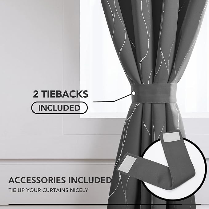 Deconovo Blackout Curtains, Grey Curtains, Thermal Insulated Soundproof Grommet Drapes, Silver Wave Dot Foil Print, 42 x 63 Inch, 2 Panels, Machine Washable Window Panel for Living Room Bedroom Office