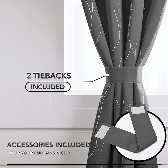 Deconovo Blackout Curtains, Grey Curtain, Thermal Insulated Noise‑Reducing Drape, Wave Line Dot Foil Print, 52 x 45 Inch, 2 Panels, Machine‑Washable Curtain Drapes for Kitchen Nursery Small Window