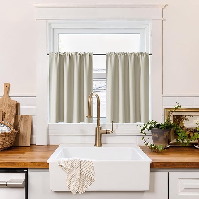 RYB HOME 100% Blackout Basement Curtains 30 inches Long, Heat & UV Blocking Total Room Darkening Noise Reducing Curtains for Bathroom RV Campers, Natural, 2 Panels Set
