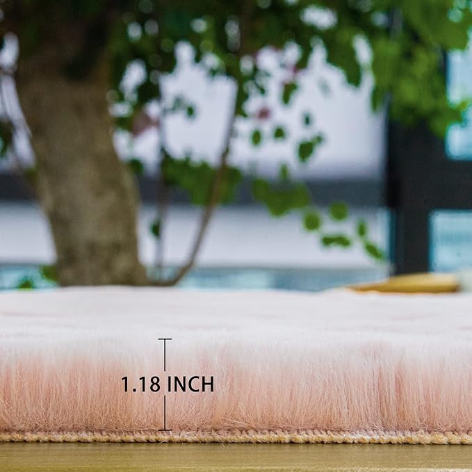 ORINOVA Pink Fluffy Washable Faux Rabbit Fuzzy Fur Area Rugs for Bedroom Large Furry Rugs for Living Room 2x10 Runner Nursery Rug Home Décor