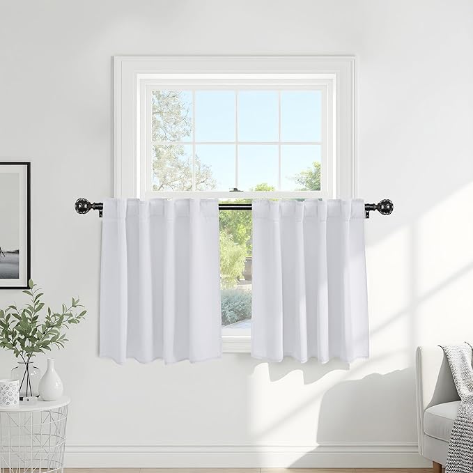 PONY DANCE 50% Light Filtering Room Darkening Curtains for Small Winow Lower Portion Decor Energy Saving Drapes for Kitchen Bedroom Bathroom Downstairs Window, W 29 x L 24, Pure White, 2 Panels