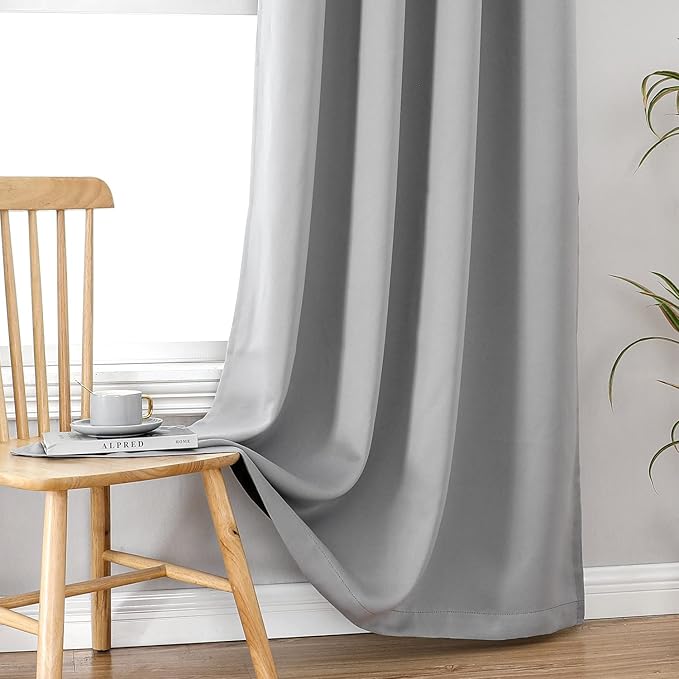 ChrisDowa 100% Blackout Curtains 102 inch Long for Bedroom with Black Liner, 2 Thick Layers Total Blackout Thermal Insulated Grommet Window Curtains 2 Panels Set (Light Grey, 52 x 102 Inch)
