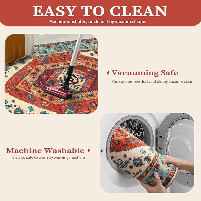 SERISSA Boho Round Area Rug, 4ft Washable Non-Slip Circle Rug, Ultra Soft Oriental Vintage Orange Low-Pile Small Circular Carpet for Bedroom Entryway Kids Room Office College Dorm Living Room