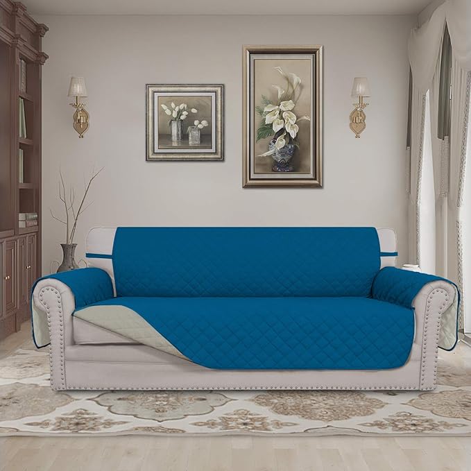 Easy-Going Reversible Couch Cover for 3 Cushion Couch Sofa Cover for Dogs Water Resistant Furniture Protector Cover with Foam Sticks Elastic Straps for Pet Cat (Sofa, PeacockBlue/Beige)