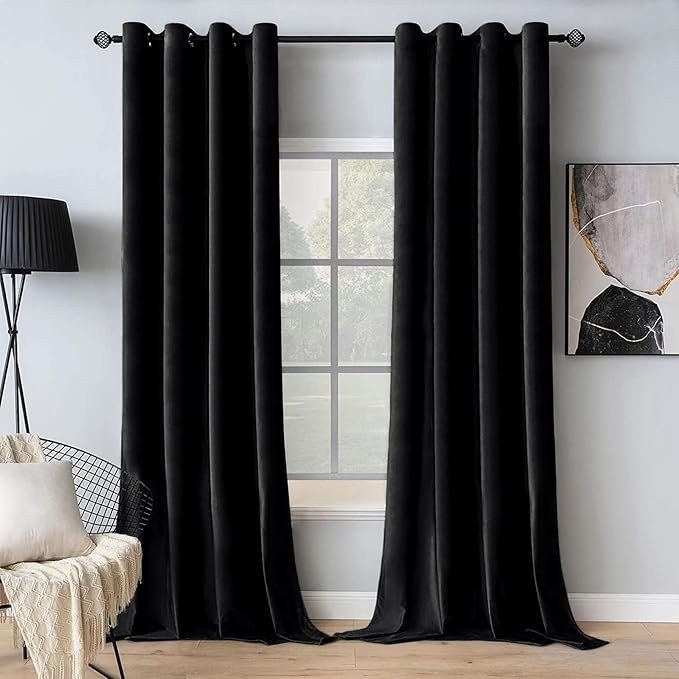 MIULEE Black Velvet Curtains 108 Inches Long Halloween Grommet Room Darkening Thermal Insulated Blackout Curtains for Bedroom/Living Room, Light Blocking Soundproof Black Out Drapes/Panels, Set of 2
