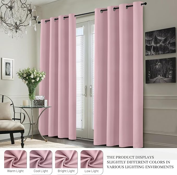 Yakamok 100% Blackout Curtain Panels 63 inches Cold and Light Blocking Drapes for Nursery, 2 Thick Layers Thermal Insulated Draperies (2 Pieces, 40 Wide Each Panel, Pink Front with White Backing)