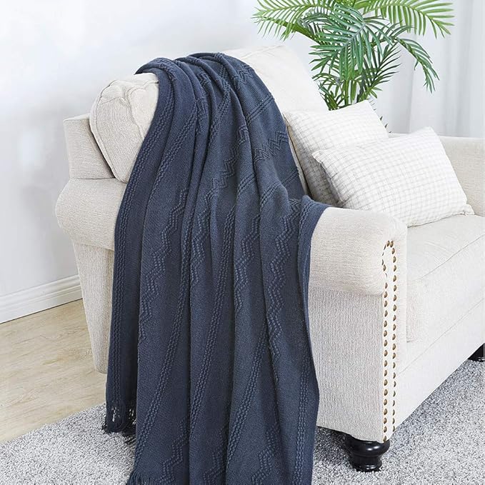 BOURINA Navy Throw Blanket 60x80 Inches Throw Textured Solid Soft Sofa Throw Couch Knitted Decorative Blanket