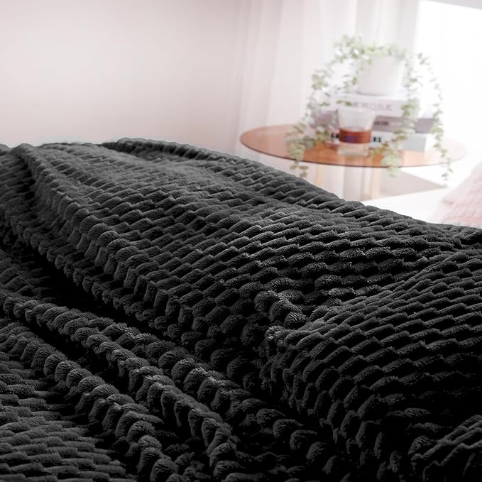 Puncuntex Black Throw Blanket 108"×90" inches Fuzzy 3D Jacquard Decorative Flannel Fleece Super Soft Plush Cozy Blanket for Couch Sofa Chair Lightweight