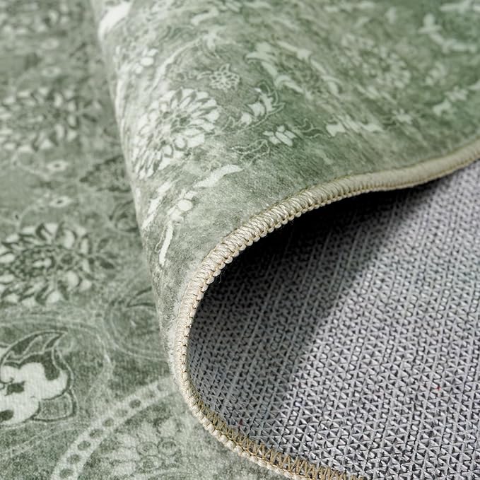 3x6 Washable Hallway Runner Rug - Non Slip Kitchen Runner Rugs with Rubber Backing Vintage Low-Pile Carpet Runners for Entryway Dining Room Laundry Room Home Decor (Muted Sage Green)