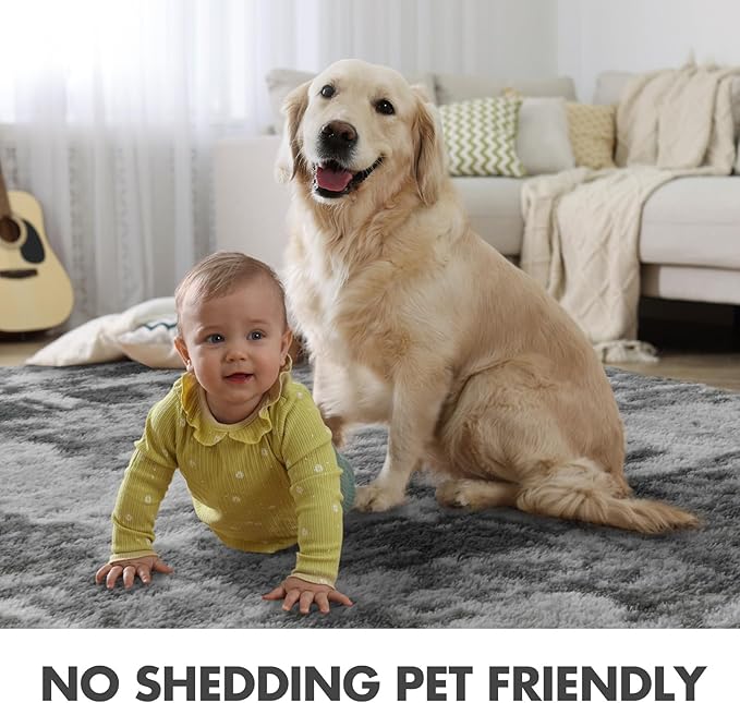 6x9 Ft Large Shag Rugs for Living Room Decor, Tie-Dyed Ultra Soft Fluffy Furry Area Rugs for Bedroom Indoor Floor, Aesthetic Carpet for Kids Home (Grey)