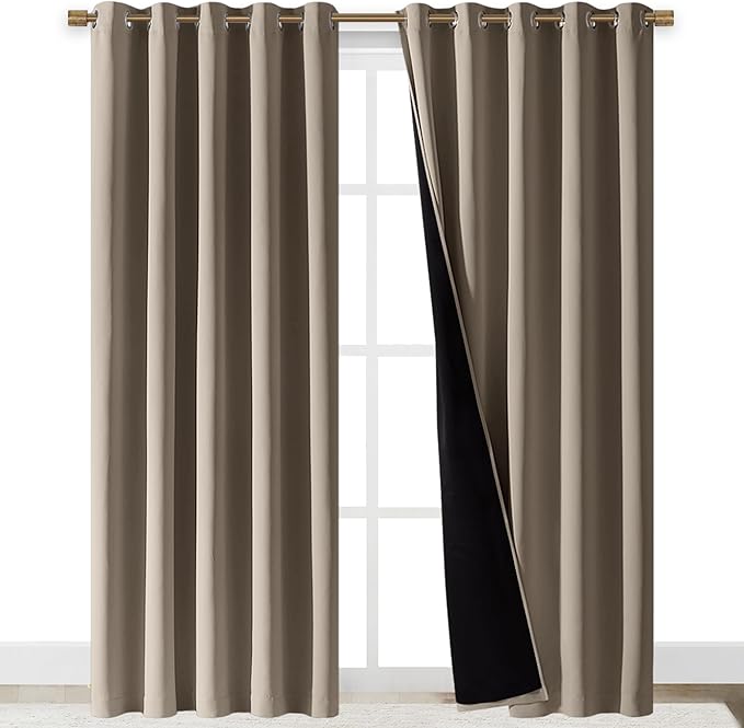 NICETOWN Total Shade Curtains and Draperies, Heavy-Duty Full Light Shading Drapes with Black Liner Backing for Villa/Hall/Dorm Window（Taupe, Package of 2 Panels, 70 inches Wide x 95 inches Long