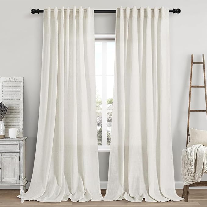 Cream Linen Curtains 114 Inches Long for Living Room Extra Long Back Tab Curtains Neutral Farmhouse Light Filtering Semi Sheer Linen Drapes Ceiling to Floor for Large Window 2 Panels Set 52x114