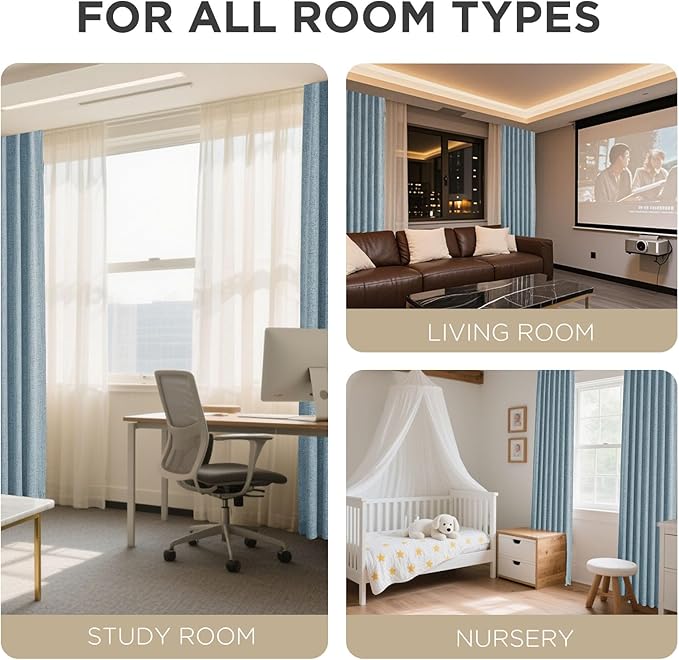 Joydeco Blackout Curtains for Bedroom - 63 Inch Long 100% Light Blocking 2 Panels Sky Blue Drapes, Thermal Insulated Room Darkening Curtains, Linen Textured for Living Room, Rod Pocket & Back Tabs