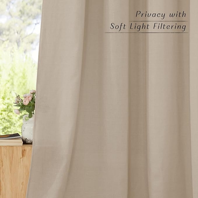 NICETOWN Thick Taupe Linen Curtains 90 inch Length 2 Panels Set, Grommet Semi Sheer Window Treatments Privacy Added with Light Filtering Drapes for Bedroom/Living Room, W55 x L90, 2 Panels