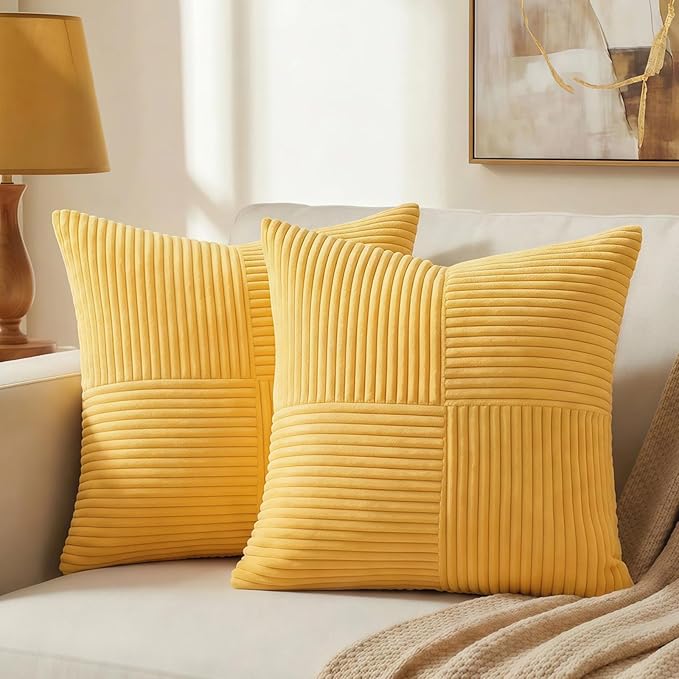 Fancy Homi 2 Packs Yellow Decorative Throw Pillow Covers 20x20 Inch for Living Room Couch Bed Sofa, Rustic Farmhouse Boho Home Decor, Soft Corss Corduroy Patchwork Accent Square Cushion Case 50x50 cm
