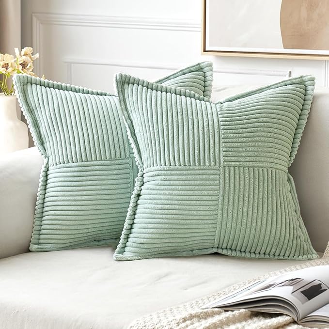 MIULEE Decorative Throw Pillow Covers for Couch Bed Livingroom 18x18 Inch Set of 2 Mint Green Boho Accent Throw Pllows Broadside Striped Patchwork Soft Corduroy Summer Pillowcases