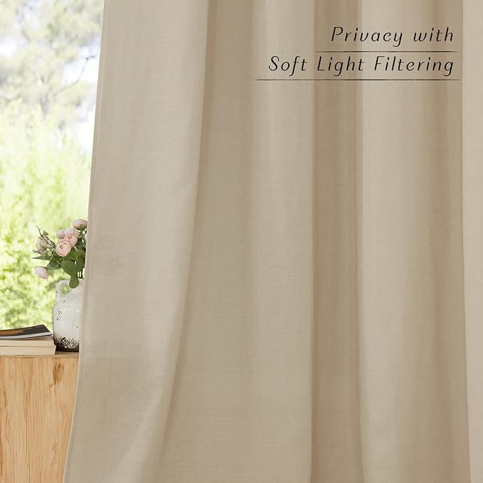 NICETOWN Rustic Linen 132 inch Long Curtains for Living Room, Grommet Privacy Added Thick Linen Weave with Light Filter Window Curtains & Drapes for Bedroom, Angora, W55 x L132, 2 Panels