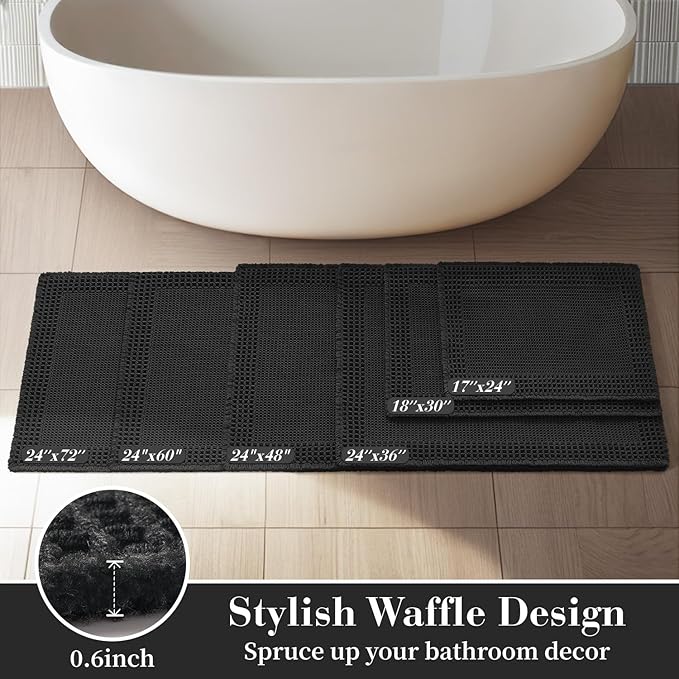 RESARE Waffle Bathroom Runner Rugs, Super Absorbent Bath Mat Non Slip Washable Quick Dry, Upgraded Ultra Soft Boho Bath Rugs with Tassels for Hallway Bedroom Laundry Room, 2'x5'(24"x60"), Black