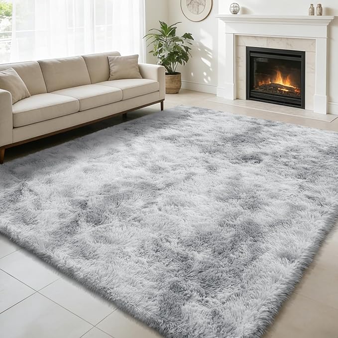 Shag Area Rug for Bedroom 5x8,Tie-Dyed Grey Fluffy Area Rugs for Living Room,Soft Fuzzy Rug Non-Shedding Indoor Plush Carpet for Kids Bedroom Nursery Dorm Home Decor
