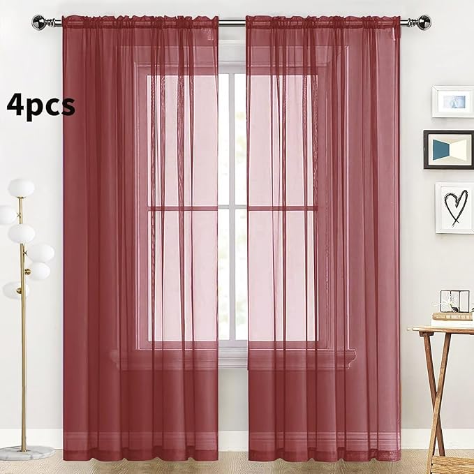 SpaceDresser Burgundy Sheer Curtains 4 Panels Rod Pocket Semi-Sheer Curtain 45 Inches Long Light Filtering Voile Window Drapes for Bedroom Living Room Kitchen, Each 52W x 45L