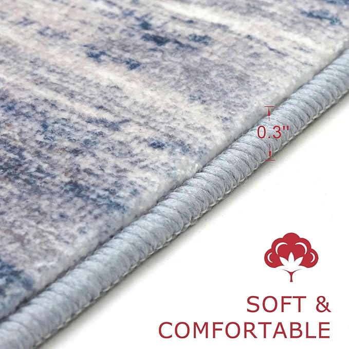 KOZYFLY Modern Abstract Hallway Runner Rug, 2.6x8 Washable Rug Runner Non-Slip Soft Striped Kitchen Runner Rugs, Print Grey Blue Carpet Runner for Entryway Bathroom Laundry Room Foyer