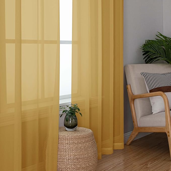 Chyhomenyc Gold Sheer Curtains 96 inches Long 2 Panels, Light Filtering Soft Airy Solid Elegant Voile Window Treatment Drapes for Bedroom Living Room Wedding Party Decor, 42 Wx96 L, 8FT L