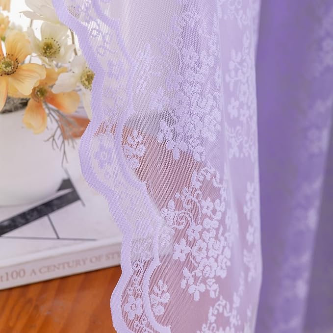 YJ YANJUN Vintage Lace Curtains 63 Inch Length-Victorian Floral Pattern Lavender Sheer Curtain Panels for Living Room Bedroom,Light Filtering, Romantic Girly Drapes 2 Panels 52W x 63L Light Purpel
