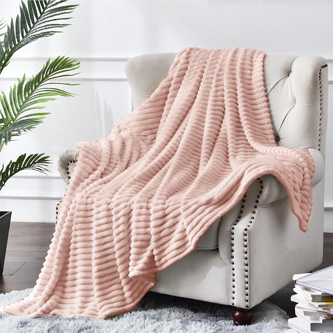 BEDELITE Fleece Throw Blanket for Couch – 3D Ribbed Jacquard Soft and Warm Decorative Fuzzy Blanket – Cozy, Fluffy, Plush Lightweight Light Pink Throw Blankets for Bed, Sofa, 50x60 inches