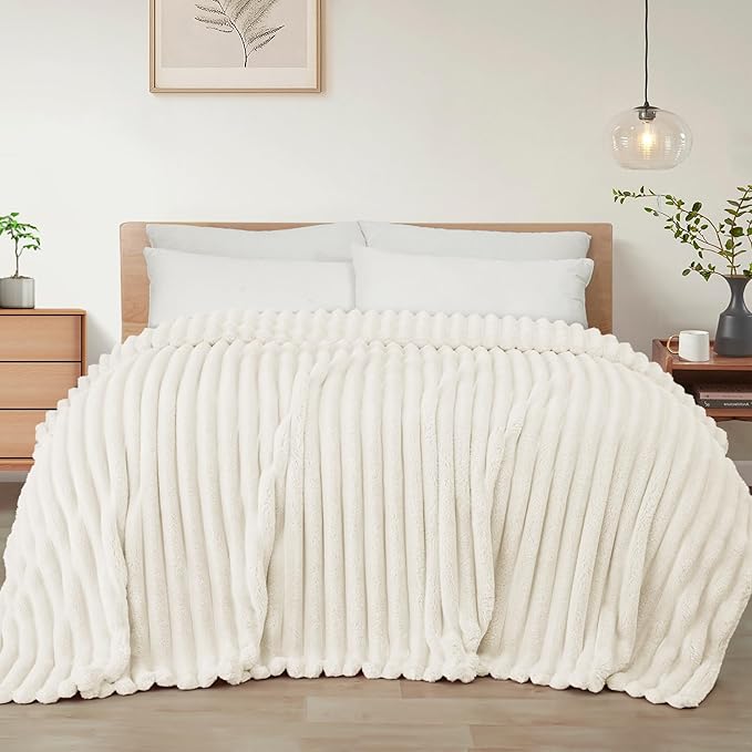 Exclusivo Mezcla Twin Size Flannel Fleece Blanket, Super Soft Striped Jacquard Bed Blanket, Lightweight Fuzzy Cozy for All Seasons, 60x80 Inches, Ivory