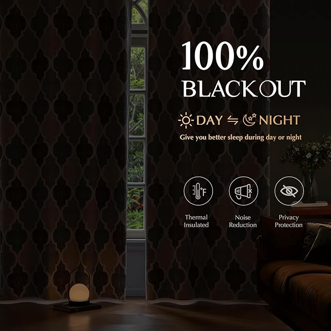 Beauoop 100% Blackout Curtains 72 Inches Long 2 Panels for Bedroom Living Room Brown Grey Moroccan Geo Room Darkening Thermal Insulated Soundproof Grommet Top Window Treatments Drapes, 50x72 Set of 2