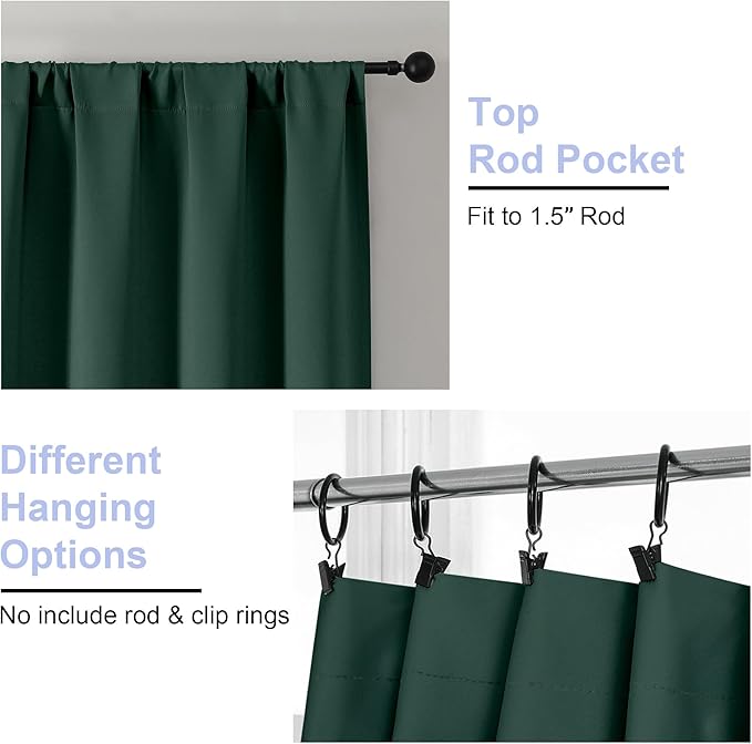 Simplebrand Ava Ever Green Short Blackout Curtains for Bedroom 45 Inches Long 2 Panels Set, Solid Thermal Insulated, Energy Saving Window Treatment Curtains Blackout Drapes, W40 x L45 Inch, Ever Green